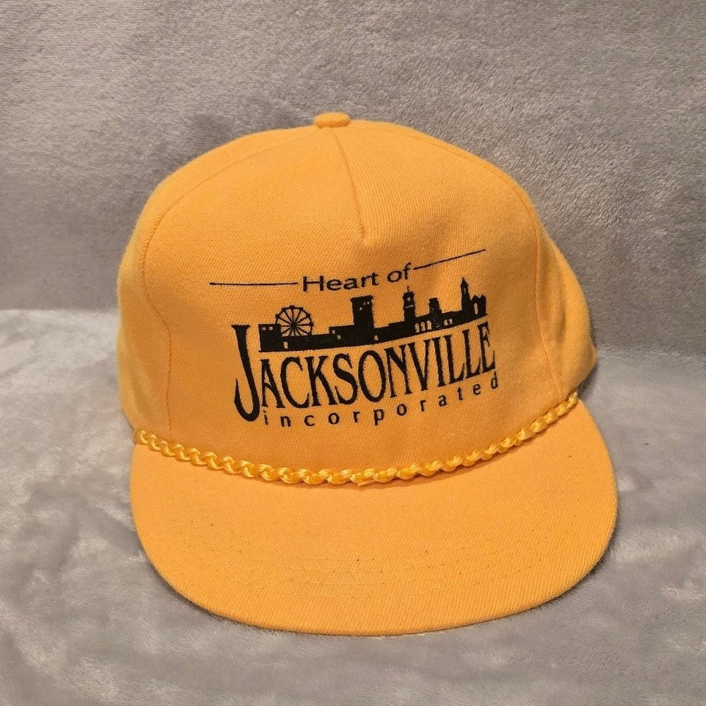 Vintage Jacksonville Illinois Heart of Jacksonville Yellow Rope Snapback Hat USA